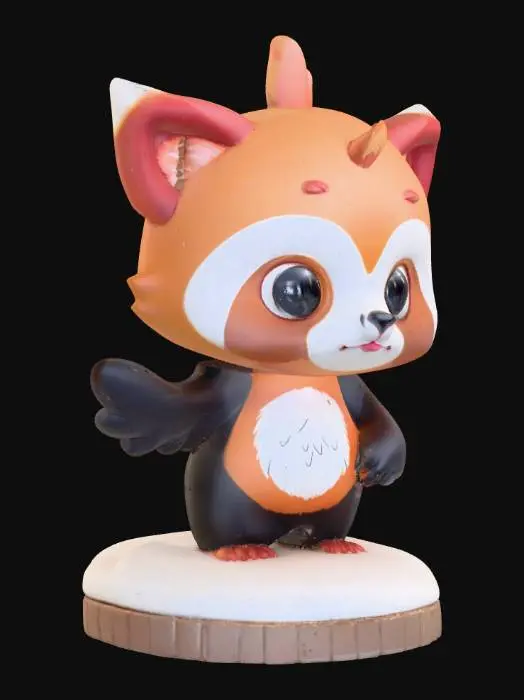 3D model for A chibi fusion of a puffin and a red panda, in the style of a collectible vinyl figure. Large rounded puffin head with bold black-and-white face markings, beak small and triangular with a bright orange tip. Soft red panda ears poking from the top, edged in white fluff. Round glossy black eyes with a subtle orange-to-brown gradient. Body short and egg-shaped, with puffin wings covered in soft red panda fur, tail fluffy and striped orange and cream, curled behind like a question mark. Standing with one wing raised like it’s waving. Perched on a small snow-and-bamboo base. Soft matte texture with feather details on the chest and plush-like fur texture on tail.