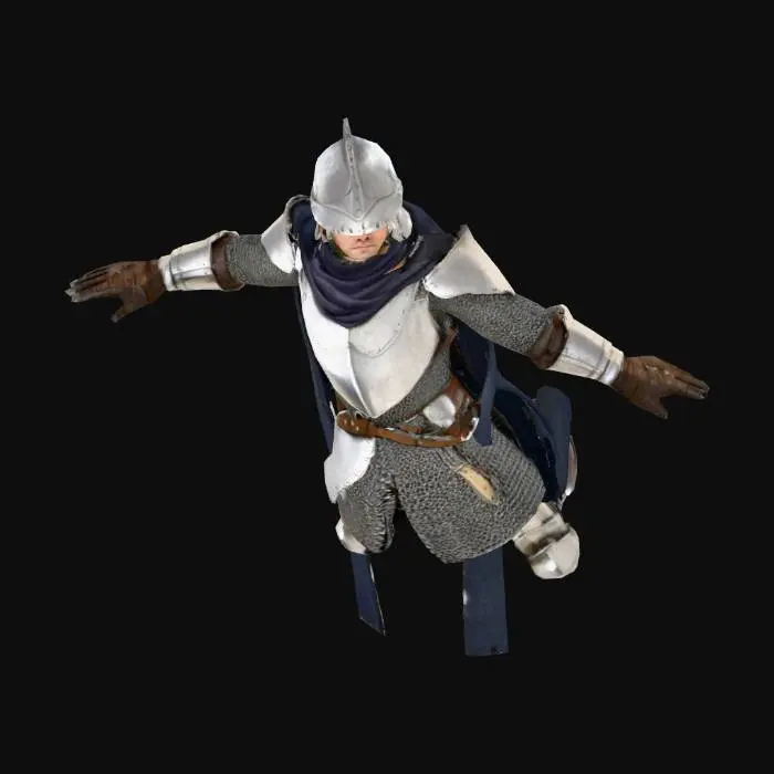 3D model for A formidable Crusader knight, presented in a neutral T-pose. He wears meticulously crafted chainmail beneath a subtly textured, coarse linen surcoat. Polished steel plates reinforce key areas, their surfaces showing realistic, minor scuffs. A simple, open-faced helmet covers his head, while his robust physique and neutral expression suggest a ready, customizable base model.