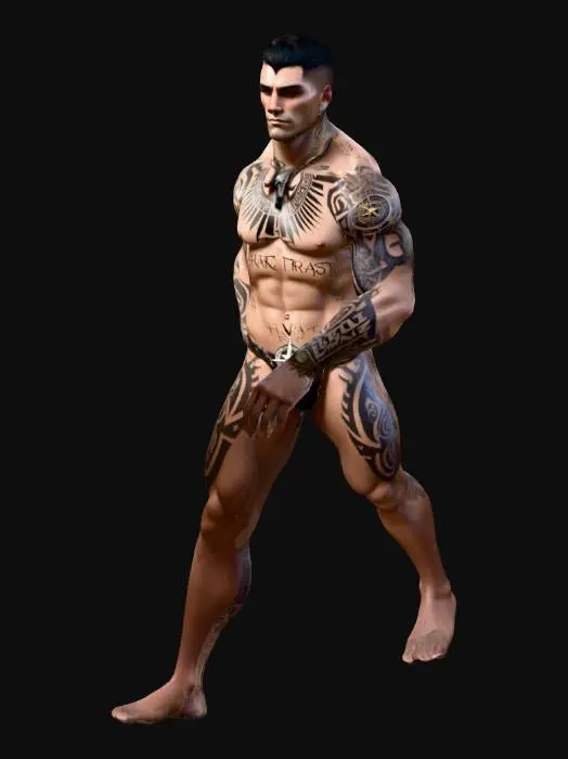 3D model for A high-quality 3D game character of a muscular male. He is shirtless, showcasing a full black tribal sleeve on his left arm, a star-compass tattoo on his right wrist, and a ram skull with the text "In God We Trust" on his chest. The character has short dark hair and a clean-shaven, focused face. He features a winged angel tattoo on his upper back with a vertical line extending down the spine and a Caduceus tattoo on his left calf. Full body shot, standing in a wide A-pose. Hyper-realistic skin textures, athletic anatomy, clean topology for game engine use.