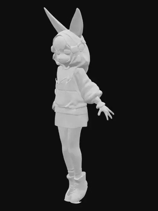 3D model for **3D萌系中性角色IP设计（优化版）**  

**角色设定**  
结合猫耳和兔尾的混种生物，采用7:3大头身比，面部40%被星光大眼睛占据。整体呈现低多边形建模与软糖材质的碰撞效果，搭配荧光色动态光效，在黑色哑光背景中呈现15°倾斜悬浮姿态。新增潮流穿搭： oversized连帽卫衣（带发光镶边）+ 不对称袜套 + 悬浮配饰（发光耳机/迷你背包）。  


**关键参数**  
1. **材质混合**：  
- 皮肤：半透明软糖质感（SSS效果）  
- 服饰：棉质褶皱+发光纤维  
- 配饰：亚克力荧光材质  

2. **动态细节**：  
- 发梢/卫衣抽绳粒子飘动  
- 耳机周围音波光效  
- 背包悬浮时轻微弹性变形  

3. **色彩系统**：  
- 主色：柔雾粉（#FFD1DC）  
- 辅色：电子蓝（#00F5FF）  
- 荧光色：霓虹粉（#FF6EC7）  

**Meshy特别参数**  
建议添加：`--niji 6 --style 4b --chaos 30 --ar 3:4 --no shadow harshness` 以增强服饰细节表现力