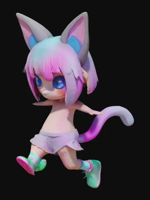 3D model for 形象设定  
中性化萌系角色，结合猫耳和兔尾特征，大眼睛占面部40%，圆润低多边形+软糖材质，荧光色点缀，悬浮动态姿势，黑色哑光背景。  

核心提示词 
`"3D cute chibi hybrid (cat ears + bunny tail), pastel colors with neon glow, oversized sparkling eyes, jelly-like smooth body, floating pose, black matte background, low-poly + plush texture, gender-neutral, isometric view, 8K render, rim lighting"`  

优化参数 
体型：70%头部+30%身体（梨形）  
材质：70%软硅胶+30%糖果涂层  
动态：15°倾斜悬浮，发丝/配饰飘动  
色彩：柔粉+荧光蓝为主，Pantone 13-2008 TCX色调  

