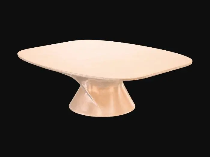 3D model for Ultra-minimalist futuristic table, sculptural furniture design, floating monolithic form, seamless matte finish, soft organic curves mixed with sharp geometric lines, unique asymmetrical base, luxury modern aesthetic, high-end product design, neutral tones (stone, ivory, soft gray), subtle ambient lighting underneath, studio product render, photorealistic, 3D octane render, clean background, architectural lighting, ultra-detailed, 8k