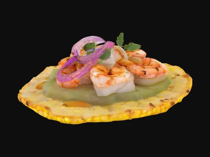 3D model for A single-bite shrimp tostada, round and rustic, sits at 1.5 inches wide with a crisp, blistered corn shell base—golden yellow with toasted brown freckles. On top, a curled, grilled shrimp gleams with a charred orange-pink shell and subtle oil gloss, its ridged surface showing slight sear lines. Underneath, a smooth smear of pale green avocado crema peeks out, with a few vibrant pink pickled onion curls resting beside it. A micro cilantro leaf and a droplet of chili oil finish the piece, offering a contrast of textures: crunchy, creamy, tender, and glossy—perfect for close-up render or stylized realism.