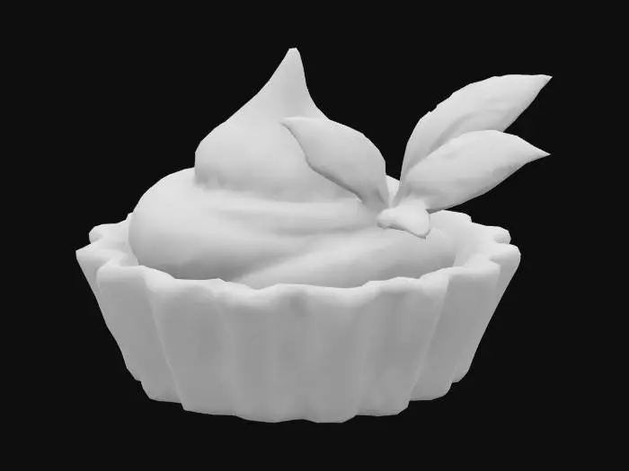 3D model for A delicate mini tart shell with buttery fluted edges holds a swirl of whipped burrata—soft, snowy-white, and lightly dimpled. Nestled on top are three blushed heirloom tomato petals, shaped like flower petals, semi-transparent and glistening. A single microbasil leaf completes the bite, offering a hint of green contrast and balance.
