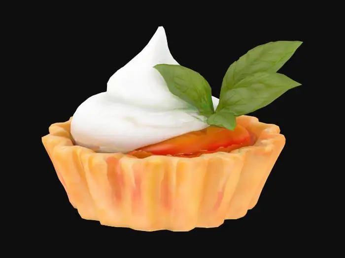 3D model for A delicate mini tart shell with buttery fluted edges holds a swirl of whipped burrata—soft, snowy-white, and lightly dimpled. Nestled on top are three blushed heirloom tomato petals, shaped like flower petals, semi-transparent and glistening. A single microbasil leaf completes the bite, offering a hint of green contrast and balance.
