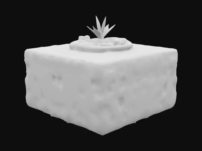 3D model for A compact, golden-yellow cube of creamy polenta, lightly seared on all sides to create crisp, browned edges with visible grill ridges. Embedded within are flecks of charred sweet corn. On top sits a small dot of smoky red pepper purée and a few crumbled feta pearls. A single chive tip pierces the top like a modern garnish.