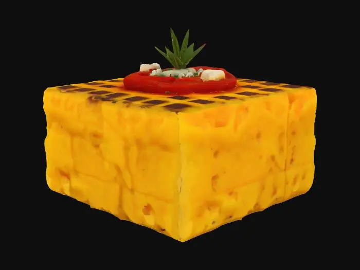 3D model for A compact, golden-yellow cube of creamy polenta, lightly seared on all sides to create crisp, browned edges with visible grill ridges. Embedded within are flecks of charred sweet corn. On top sits a small dot of smoky red pepper purée and a few crumbled feta pearls. A single chive tip pierces the top like a modern garnish.