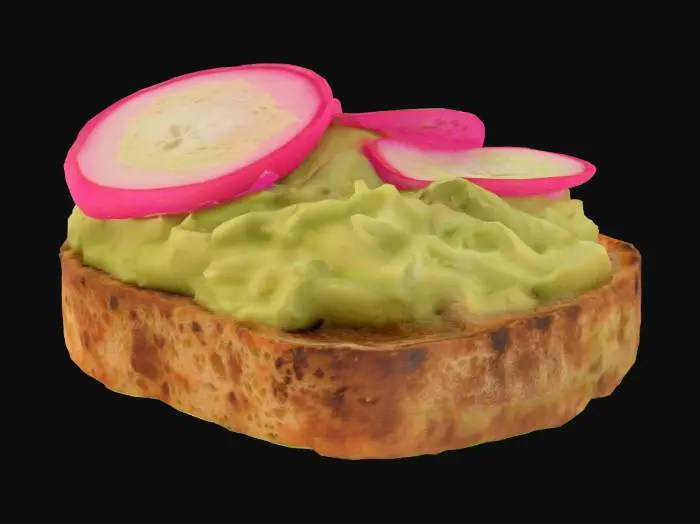 3D model for A small, perfectly toasted square of rustic sourdough bread, crust dark golden brown with rough texture and visible air pockets. Spread evenly with mashed avocado—vibrant light green with creamy matte texture—and topped with thin slices of radish that are translucent white with bright pink edges and a slight gloss.