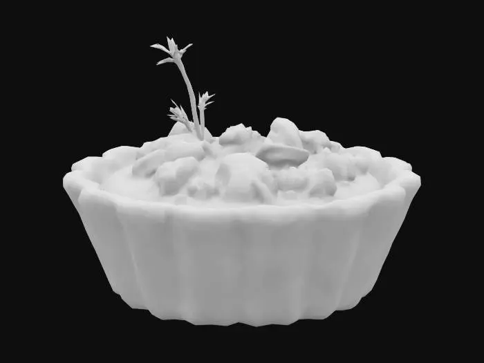 3D model for A petite, round tart shell, deeply golden and flaky with visible layered pastry edges, holds a smooth, bright magenta beetroot purée with a matte, velvety finish. Crushed walnut pieces, light brown with rough, irregular surfaces and tiny crevices, are sprinkled on top. A tiny sprig of fresh thyme, dark green and matte, rests as garnish.