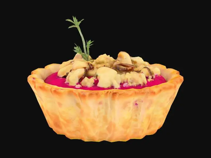 3D model for A petite, round tart shell, deeply golden and flaky with visible layered pastry edges, holds a smooth, bright magenta beetroot purée with a matte, velvety finish. Crushed walnut pieces, light brown with rough, irregular surfaces and tiny crevices, are sprinkled on top. A tiny sprig of fresh thyme, dark green and matte, rests as garnish.