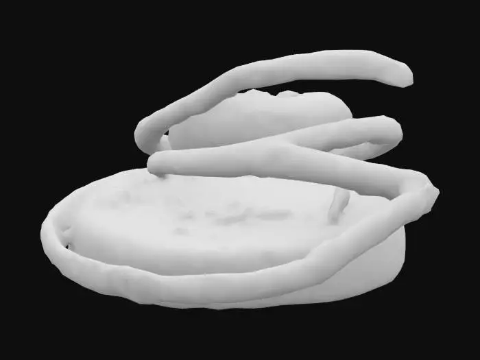 3D model for Thin strips of roasted red pepper, glossy and slightly wrinkled from roasting, rolled around a cylinder of crumbly white feta cheese. The feta has a matte finish with small cracks and visible curds. The pepper’s edges have a subtle burnt gradient and a soft sheen.