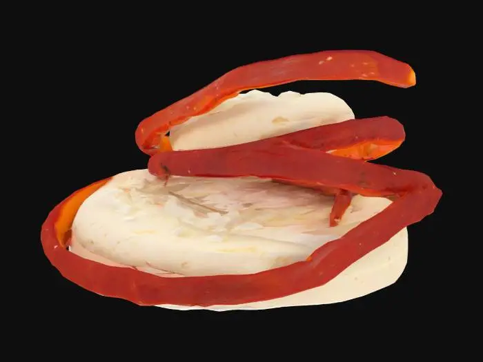 3D model for Thin strips of roasted red pepper, glossy and slightly wrinkled from roasting, rolled around a cylinder of crumbly white feta cheese. The feta has a matte finish with small cracks and visible curds. The pepper’s edges have a subtle burnt gradient and a soft sheen.