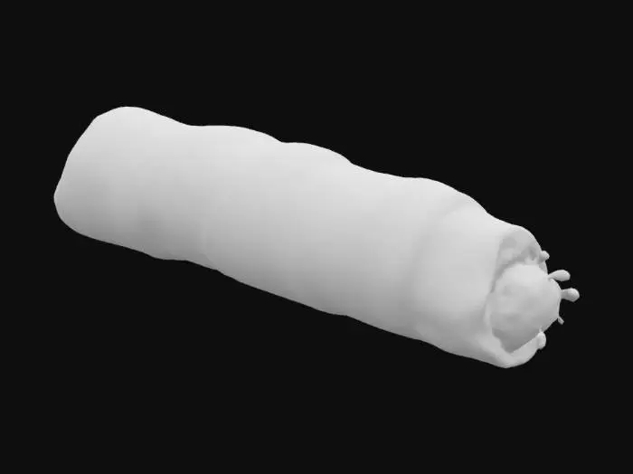 3D model for A small cylinder of spiced pork sausage encased in flaky puff pastry. The pastry is golden with crisp layered edges and a slight sheen from egg wash. The sausage inside is coarse-ground with visible bits of herbs and fat, reddish-brown and matte. Ends are neatly sealed with pastry folds.