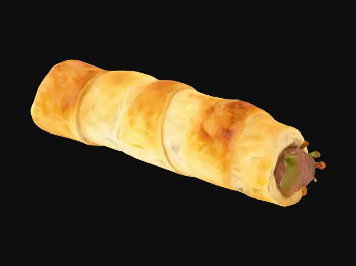 3D model for A small cylinder of spiced pork sausage encased in flaky puff pastry. The pastry is golden with crisp layered edges and a slight sheen from egg wash. The sausage inside is coarse-ground with visible bits of herbs and fat, reddish-brown and matte. Ends are neatly sealed with pastry folds.