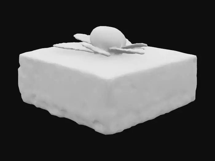 3D model for A tiny square of creamy cheesecake with a smooth, pale ivory surface and subtle sheen. The crust is visible at the base—a coarse, crumbly graham cracker texture in golden brown. A single fresh blueberry and a tiny mint leaf sit atop, both with natural gloss and fine surface detail.
