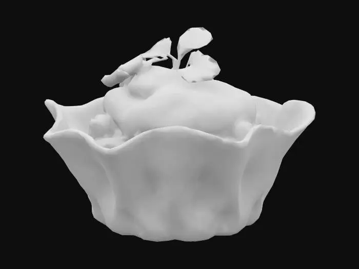 3D model for A bite-sized taco shell molded into a cup, golden and crisp with bubbled surface texture and curled edges. Filled with seasoned ground beef (dark brown, crumbly) and topped with shredded cheddar (vivid orange strands), a dot of sour cream (smooth white peak), and a mini cilantro leaf.