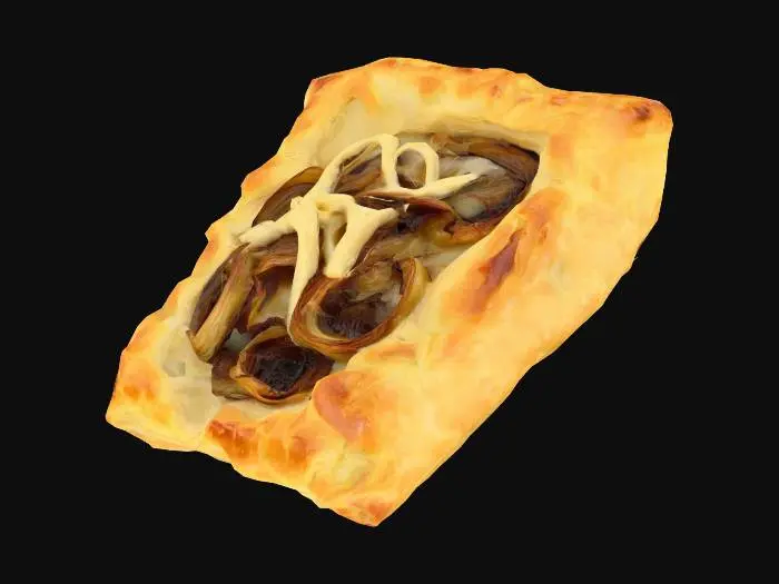 3D model for A puff pastry square, unevenly risen with bubbled, flaky layers and a buttery golden sheen. In the center: dark caramelized onions (deep brown, glossy with soft curls) and melted Gruyère cheese—lightly browned, stringy, and bubbled at the edges.