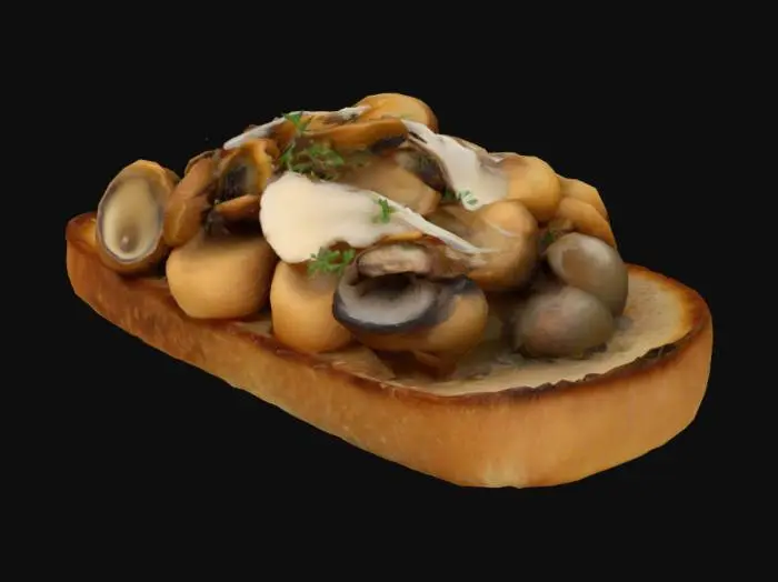 3D model for A triangular toast point, dark golden with visible grain and crisp edge texture. Piled with a mix of wild mushrooms—chanterelles, cremini, oyster—lightly sautéed, matte with slight browning and glistening at the edges. Finished with a shaving of Parmesan and micro thyme.