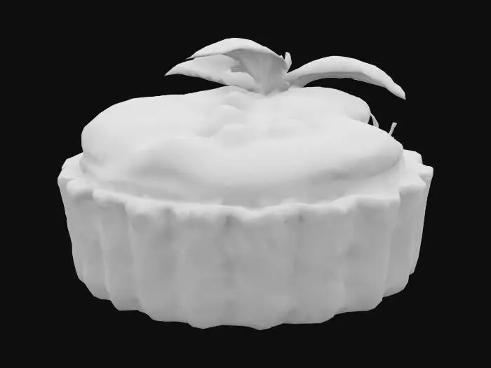 3D model for A round, cheesecake-like bite with a biscuit base (crumbly and speckled golden brown) and a whipped savory cheese layer (smooth and off-white with herbs). Topped with a glossy dollop of tomato jam—deep red with visible seed texture—and a micro basil leaf.