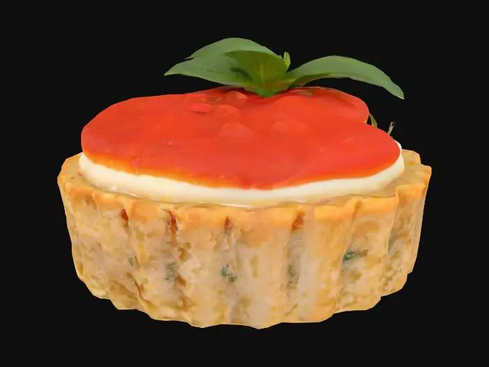 3D model for A round, cheesecake-like bite with a biscuit base (crumbly and speckled golden brown) and a whipped savory cheese layer (smooth and off-white with herbs). Topped with a glossy dollop of tomato jam—deep red with visible seed texture—and a micro basil leaf.