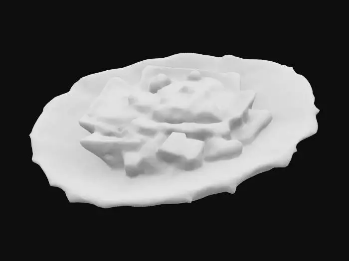 3D model for A single curved plantain chip—light golden with ridged surface and browned tips—cupped and crisp. It holds a spoonful of fresh mango salsa: small cubes of bright yellow mango, red bell pepper, and green cilantro. Glossy and juicy with fine chili flecks.