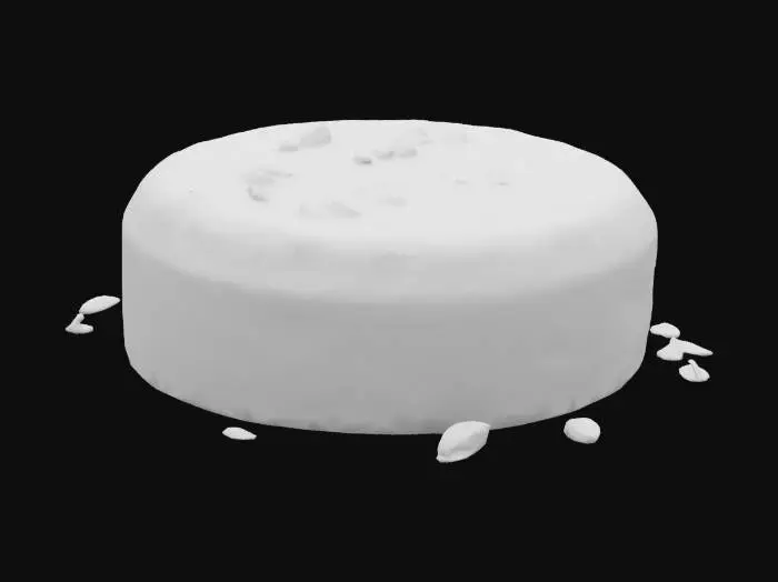 3D model for A small round cake with a pale golden crumb and visible orange zest flecks. The top is dusted with powdered sugar and adorned with a drizzle of sticky orange blossom syrup, giving a semi-glossy finish and a few scattered crushed pistachios.