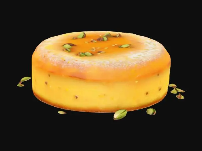 3D model for A small round cake with a pale golden crumb and visible orange zest flecks. The top is dusted with powdered sugar and adorned with a drizzle of sticky orange blossom syrup, giving a semi-glossy finish and a few scattered crushed pistachios.