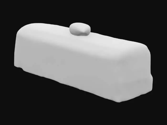 3D model for A small rectangular almond cake—golden brown with a soft crumb and slightly crisp edges. The surface is matte with a subtle sugar glaze and a single toasted almond sliver pressed gently into the top.