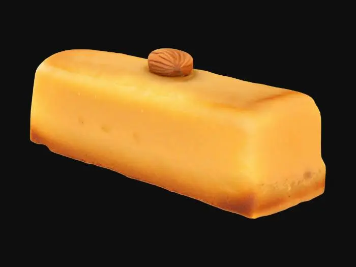 3D model for A small rectangular almond cake—golden brown with a soft crumb and slightly crisp edges. The surface is matte with a subtle sugar glaze and a single toasted almond sliver pressed gently into the top.