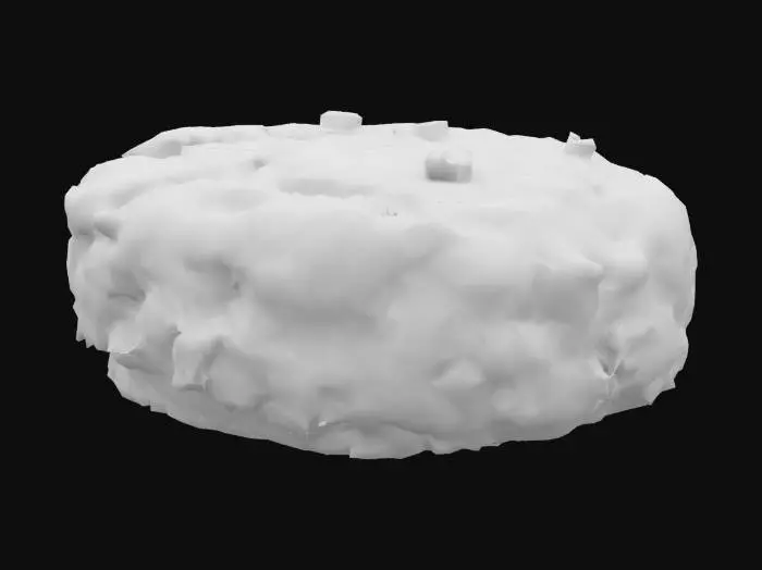 3D model for A compact, pan-seared crab cake—golden-brown crust with a slightly uneven surface texture from crab flakes. The interior is moist and pale with visible chunks of crab meat, herbs, and a hint of diced red pepper.