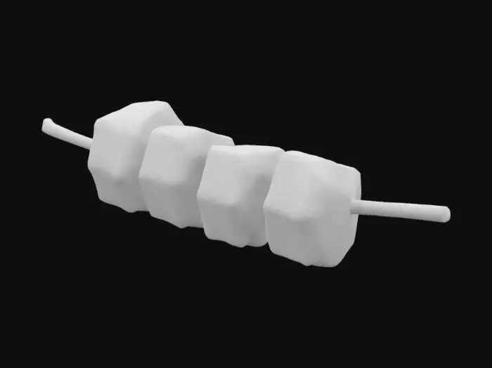 3D model for Tender cubes of marinated chicken threaded onto a small skewer, grilled with caramelized edges and a glossy peanut sauce glaze. The meat texture is fibrous with slight char marks and a hint of oil.