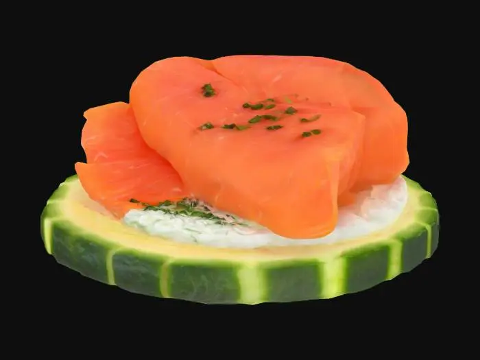 3D model for A thin, translucent slice of cucumber rolled tightly around a creamy dill and cream cheese filling, topped with a delicate fold of glossy smoked salmon. The cucumber is matte with visible seeds, the salmon vibrant coral with fine fat lines.
