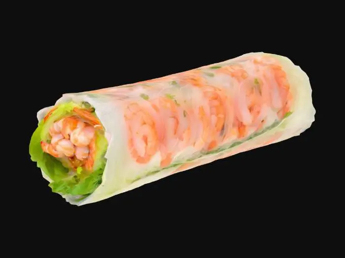 3D model for A cross-section of a rice paper roll—translucent and slightly glossy—revealing vibrant layers of shrimp, mint, vermicelli noodles, and lettuce. Served with a dab of hoisin-peanut dip.