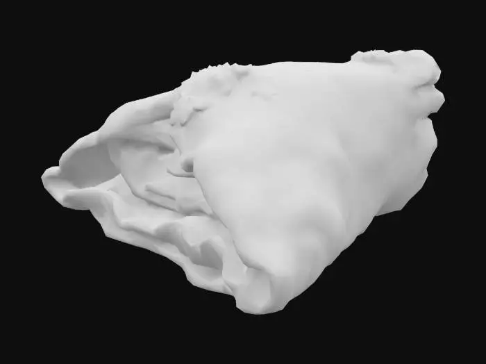 3D model for A small, crisp triangle of fried phyllo pastry—golden and flaky, with visible layering—filled with sweet almond paste scented with orange blossom water. The outside is lightly brushed with honey glaze and sprinkled with toasted sesame seeds.