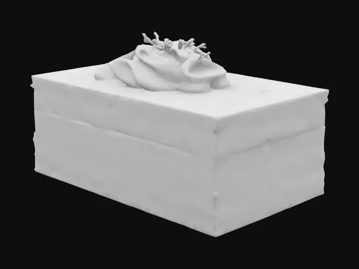 3D model for Thin layers of lightly sweetened coconut-infused injera alternate with mango mousse and lime zest. Cut into a neat rectangle, with whipped cream rosette and toasted coconut curls crowning the top. A fusion of Ethiopian base and French technique.