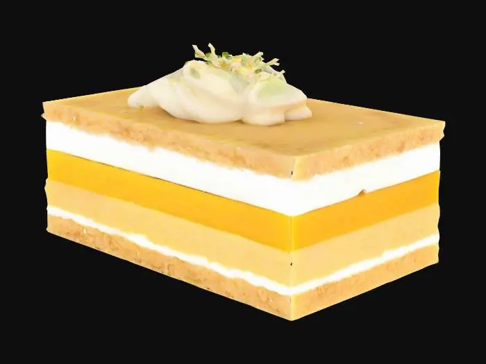 3D model for Thin layers of lightly sweetened coconut-infused injera alternate with mango mousse and lime zest. Cut into a neat rectangle, with whipped cream rosette and toasted coconut curls crowning the top. A fusion of Ethiopian base and French technique.