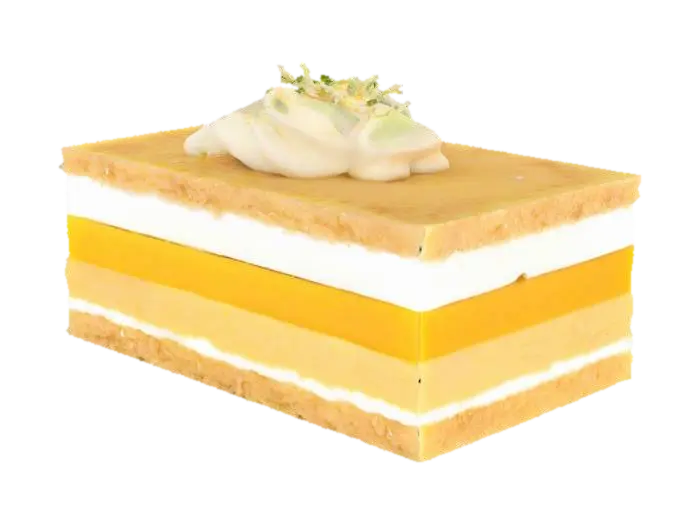 Thin layers of lightly sweetened coconut-infused injera alternate with mango mousse… 3D model, vytvořený pomocí AI