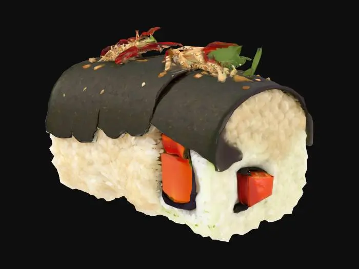 3D model for A maki-style roll where pearl couscous replaces rice, rolled with roasted red pepper, za’atar cucumber slivers, and a slice of grilled eggplant. Wrapped in nori and topped with a tiny dot of date-soy glaze.