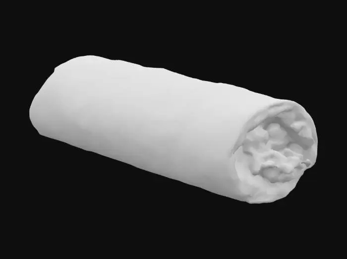 3D model for A crisp, golden spring roll with a flaky wrapper, filled with sweet-and-savory bobotie-style curried beef and raisins. Served with a dipping smear of mango chutney, visible at one edge for color contrast.