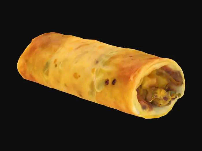 3D model for A crisp, golden spring roll with a flaky wrapper, filled with sweet-and-savory bobotie-style curried beef and raisins. Served with a dipping smear of mango chutney, visible at one edge for color contrast.