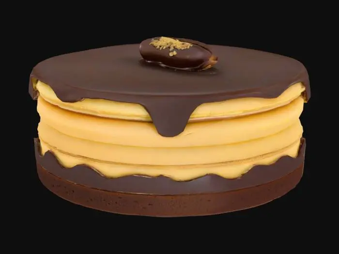 3D model for A luxurious reinterpretation of the French opera cake: alternating thin layers of almond sponge, espresso-date ganache, and cardamom-scented buttercream. Topped with a shiny dark chocolate glaze and a gold-dusted sliver of Medjool date.
