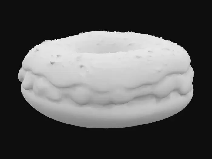 3D model for A mini éclair shell—light, golden, and crisp—filled with a whipped ganache flavored with Senegalese spiced coffee (Café Touba). The glaze is glossy chocolate with a dusting of finely ground cloves and a micro gold flake.