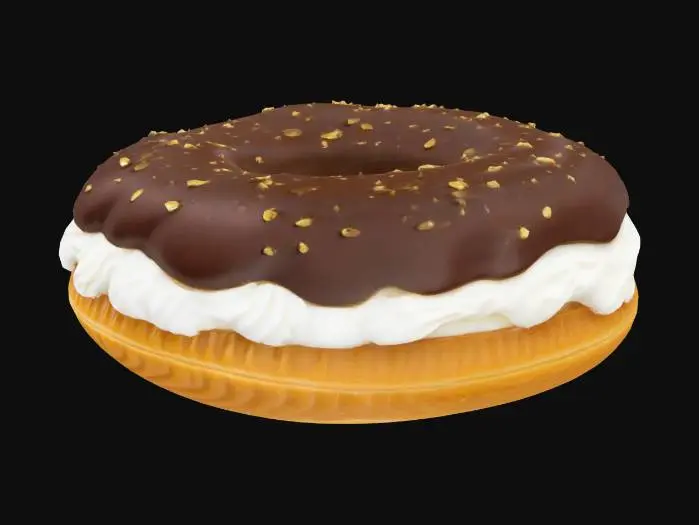 3D model for A mini éclair shell—light, golden, and crisp—filled with a whipped ganache flavored with Senegalese spiced coffee (Café Touba). The glaze is glossy chocolate with a dusting of finely ground cloves and a micro gold flake.