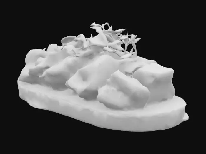 3D model for A thin, crisp cucumber slice topped with a small mound of finely diced tuna tartare, glossy with sesame oil and soy sauce. Garnished with a sprinkle of sesame seeds and microgreens.