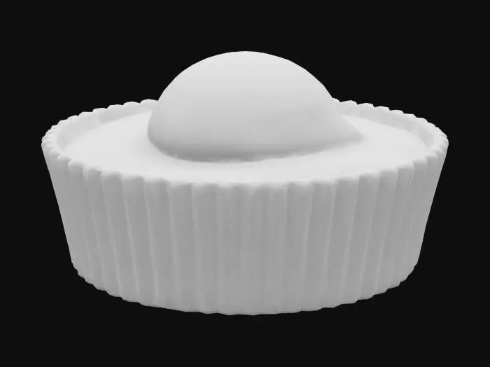 3D model for A miniature tart with a crisp chocolate crust filled with velvety dark chocolate ganache. Topped with a glossy passionfruit gelée dome and a sprinkle of gold leaf flakes for contrast.