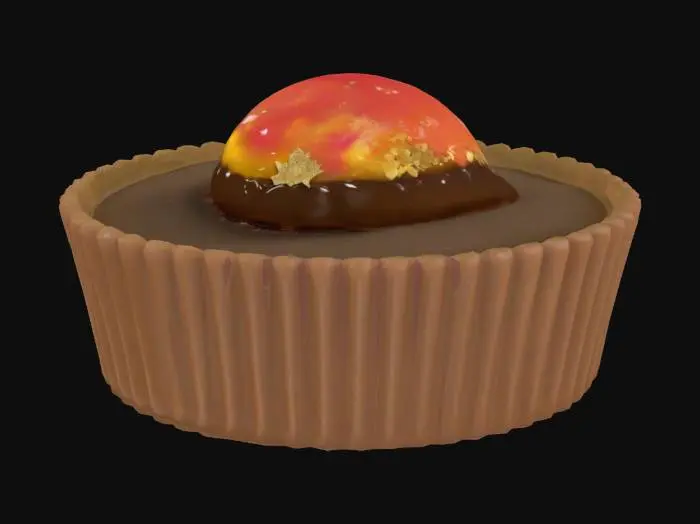 3D model for A miniature tart with a crisp chocolate crust filled with velvety dark chocolate ganache. Topped with a glossy passionfruit gelée dome and a sprinkle of gold leaf flakes for contrast.