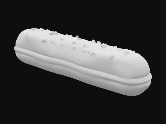 3D model for A slender éclair filled with light lavender-infused honey cream. The glossy glaze is pale purple, delicately sprinkled with crystallized lavender buds and edible silver pearls.