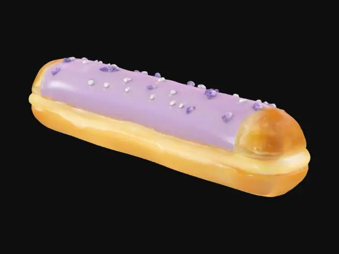 3D model for A slender éclair filled with light lavender-infused honey cream. The glossy glaze is pale purple, delicately sprinkled with crystallized lavender buds and edible silver pearls.