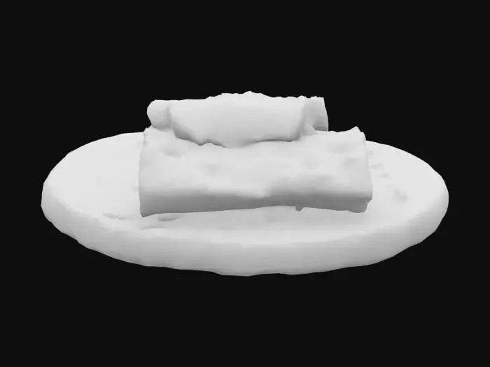 3D model for Thinly sliced, seared rare beef tataki resting on a delicate sesame seed crisp. Garnished with a dab of wasabi mayo and a sprinkle of toasted sesame seeds. The beef has a glistening sheen and vibrant pink center.