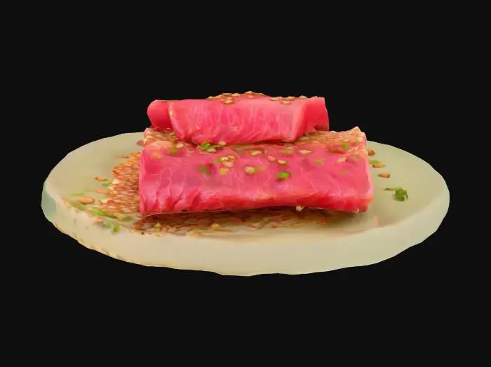 3D model for Thinly sliced, seared rare beef tataki resting on a delicate sesame seed crisp. Garnished with a dab of wasabi mayo and a sprinkle of toasted sesame seeds. The beef has a glistening sheen and vibrant pink center.